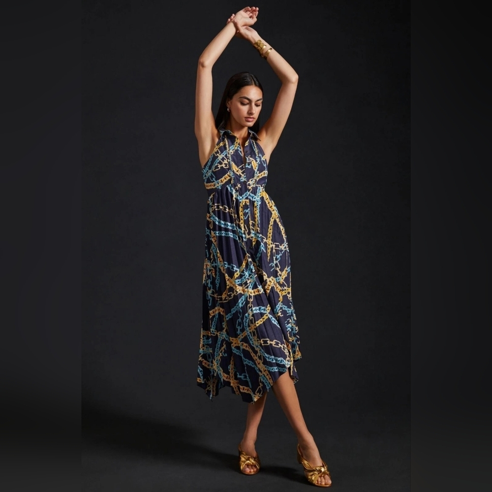Maeve Anthropologie NWT Pleated Midi Shirt Asimetrical Dress Chain Print Navy S